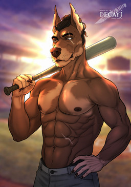 abs anthro baseball breasts characterart dogfurry furryoc male nipples ocfurry solo decayj artfight2026 canid canine canis dobermann domestic_dog mammal pinscher furry invalid_tag digital_media_(artwork) hi_res