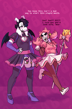 alternative_fashion anthro bat_wings black_hair breasts chastity_cage chastity_device chest_tuft cleavage cleavage_cutout clothed clothing crotch_cutout crotchless_clothing curvy_figure cutout dress duo emo female footwear genitals gynomorph hair heart_cutout high_heels intersex jewelry key larger_male legwear magical_girl_outfit male male/female membrane_(anatomy) membranous_wings necklace penis pink_chastity_cage shoes size_difference small_penis smaller_female stockings text tuft wearing_chastity_cage wearing_chastity_device wings dracozhilla locktober undertale undertale_(series) asriel_dreemurr mad_mew_mew boss_monster_(undertale) felid feline mammal 2:3 english_text hi_res