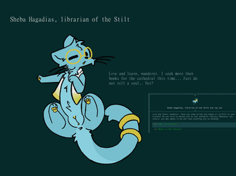 anus blue_body clothed clothing countershade_tail countershading dialogue ear_tuft eyewear female feral fur gameplay_mechanics genitals glasses librarian monotone_background screencap simple_background solo tail text topwear tuft vulva wearing_glasses white_clothing yellow_body yellow_clothing potayo caves_of_qud domestic_cat felid feline felis mammal digital_media_(artwork) english_text pixel_(artwork)