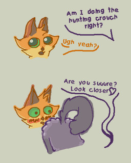 aroused aroused_face ass_up blush butt dialogue disembodied_head duo female feral fur grey_body grey_fur looking_at_another male male/female orange_body orange_fur partial_speech_bubble presenting presenting_hindquarters raised_tail simple_background student tail teacher teacher_and_student teasing text young itsrainbow_(artist) warriors_(book_series) cinderpelt_(warriors) firestar_(warriors) domestic_cat felid feline felis mammal 4:5