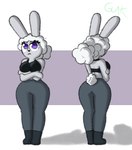 angry annoyed anthro big_breasts big_butt black_clothing black_topwear bottomwear breasts butt clothing crossed_arms curvy_figure female fluffy fluffy_hair fluffy_tail front_view frown fur grey_body grey_bottomwear grey_clothing grey_fur grey_pants hair hourglass_figure looking_at_viewer pants purple_eyes rear_view shirt simple_background solo tail tank_top text thick_thighs topwear white_body white_fur white_hair wide_hips guak ashely_winters_(guak) lagomorph leporid mammal rabbit hi_res model_sheet