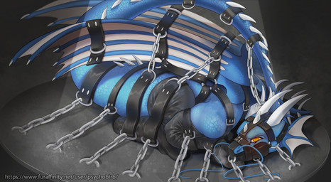 bdsm belt bondage bound chain collar feral male muzzle_(object) muzzled solo psychobirb mythology dragon mythological_creature mythological_scalie scalie absurd_res hi_res