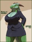 amber_eyes anthro big_breasts boss bottomwear breasts business_suit cleavage clothed clothing curvy_figure fangs female floppy_ears green_body green_scales horn huge_breasts jacket looking_at_viewer non-mammal_breasts scales skirt smile smirk solo suit tail teeth thick_thighs topwear voluptuous wide_hips kencougr mythology anita_bigtime dragon mythological_creature mythological_scalie reptile scalie 2014