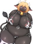 ahoge animal_print animal_print_bikini anthro areola areola_slip armwear bell bell_collar belly belly_overhang big_breasts bikini biped black_body black_fur blonde_hair blush bovid bovine breasts cattle cleavage clothed clothing collar cow_print cow_print_bikini cowbell elbow_gloves eyewear female female_anthro fur glasses glistening glistening_body glistening_breasts glistening_fur glistening_hair gloves grey_eyes hair hands_behind_back handwear hi_res horn huge_breasts kemono legwear looking_at_viewer mammal monotone_body monotone_fur navel neck_tuft overweight overweight_anthro overweight_female pattern_bikini pattern_clothing pattern_swimwear pince-nez pink_areola pink_inner_ear shibaemonxsk short_hair shy simple_background skimpy solo standing string_bikini swimwear tail tail_tuft thick_thighs thigh_highs tuft white_background wide_hips