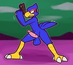 3_toes anthro avian_feet balls beak blue_balls blue_body blue_feathers blush circumcised claws clenched_teeth erection feathers feet front_view frown genitals glans green_eyes gun half-closed_eyes handgun holding_gun holding_object holding_ranged_weapon holding_weapon humanoid_genitalia humanoid_penis laser_gun male markings narrowed_eyes nude penis pink_glans pink_penis pistol ranged_weapon red_body red_feathers red_markings solo standing tail tail_feathers talons teeth toe_claws toes vein veiny_penis weapon white_claws yellow_beak ultilix nintendo star_fox falco_lombardi avian bird falcon falconid 2024 dated digital_drawing_(artwork) digital_media_(artwork) hi_res signature