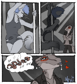 belt_buckle buckle crossed_arms dancing duo eyeliner female hair heart_symbol lights makeup pole pole_dancing red_eyeliner skewer stripper_pole thought_bubble monerelluvia domestic_cat eublepharid felid feline felis gecko leopard_gecko lizard mammal reptile scalie hi_res