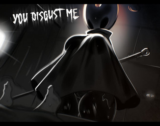 2_horns alarm_clock ambiguous_gender bed_sheet bedding biped black_bars black_body black_eyes bodily_fluids breasts ceiling cloak clock clothing curtains dialogue duo female genitals horn inside melee_weapon standing sweat sweatdrop talking_to_another text vulva wall_(structure) weapon white_text genvoke hollow_knight_(franchise) team_cherry hornet_(hollow_knight) arthropod 2025 english_text hi_res letterbox