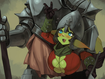 armor big_breasts biped black_hair blush breasts cleavage clothed clothing duo female green_body hair headgear helmet holding_object holding_weapon knight larger_male male not_furry open_mouth pupils shortstack size_difference smaller_female smile warrior weapon cranihum goblin humanoid hi_res