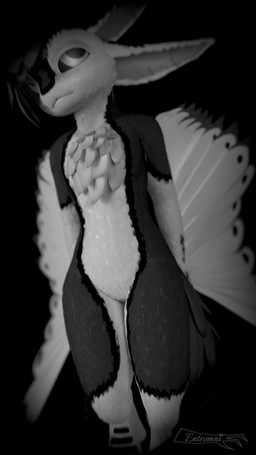 anthro black_body black_feathers blue_eyes blue_hair chest_tuft feathers female hair kita'vali red_body red_feathers simple_background solo standing tail tuft white_body white_feathers wide_hips wings the_architect_of_order the_founder avali 3d_(artwork) 9:16 absurd_res blender_(artwork) digital_media_(artwork) hi_res monochrome watermark