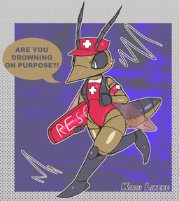 antennae_(anatomy) anthro arthropod_abdomen compound_eyes cross dialogue exoskeleton female female_anthro insect_wings lifeguard lifeguard_swimsuit solo speech_bubble text wings lizardfungus arthropod insect pond_skater true_bug english_text hi_res