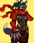 armor black_hair breasts ear_piercing face_mask female hair knife kunai mask ninja pauldron piercing solo warrior weapon ezzyecchi animal_humanoid canid canid_humanoid canine canine_humanoid fox_humanoid humanoid mammal mammal_humanoid 2023 absurd_res hi_res