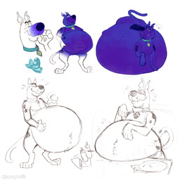 anthro belly belly_expansion belly_on_table belly_rest big_belly blue_body blueberry_inflation blush bodily_fluids body_hair candy collar dessert expansion food fur fur_markings furniture gummy_(food) happy_trail huge_belly hyper hyper_belly immobile inflation looking_at_viewer male markings navel obese open_mouth overweight overweight_anthro overweight_male quadruped solo stretch_marks sweat sweatdrop swelling table tail chocopaws2 hanna-barbera scooby-doo_(series) scooby-doo canid canine canis domestic_dog mammal 2025 digital_media_(artwork) hi_res