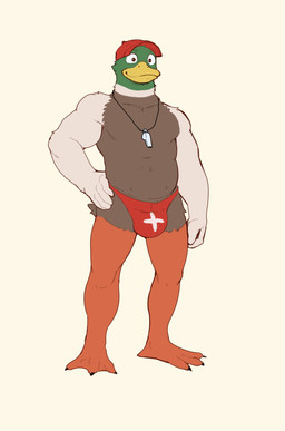 anthro avian_feet beak biped brown_body bulge clothed clothing feathers fingers fist front_view green_body green_feathers hand_on_hip hat headgear headwear humanoid_hands jewelry lifeguard looking_forward male multicolored_body musclegut muscular navel necklace orange_body pose simple_background skimpy smile solo speedo swimwear tan_background tan_body topless topless_anthro topless_male whistle_around_neck jrjresq anatid anseriform avian bird duck colored full-length_portrait hi_res pinup portrait