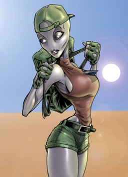 backpack breasts clothing desert female grey_body grey_eyes grey_skin hat headgear headwear looking_at_viewer not_furry outside side_boob sky small_waist solo sun wasp_waist unknown_artist alien alien_humanoid humanoid roswell_grey hi_res