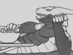 anthro bodily_fluids bowl claws container feral furniture grey_background horn male micro_prey saliva simple_background soft_vore solo table tongue vore amit mythology magnus_(extraxi) dragon eublepharid gecko leopard_gecko lizard mythological_creature mythological_scalie reptile scalie 2013 monochrome sketch