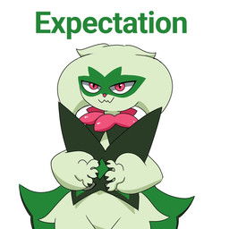 ambiguous_gender anthro claws fangs featureless_crotch fur green_body green_fur green_hair hair maskless pink_eyes simple_background solo teeth text eleonorm11 expectation_vs_reality nintendo pokemon felid feline generation_9_pokemon mammal meowscarada pokemon_(species) 1:1 2026 english_text hi_res