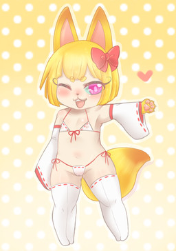2_toes 4_fingers accessory anthro arm_by_side armwear bangs bare_shoulders bikini black_body black_skin blonde_hair blunt_bangs blush bob_cut bow_(feature) bow_accessory bow_ribbon camel_toe claws clothing collarbone cute_fangs detached_sleeves dipstick_ears dipstick_tail dotted_background ear_markings extended_arm eyebrows eyelashes fangs feet female fingers flat_chested fur glistening gradient_background hair hair_accessory hair_bow hair_ribbon handpaw kemono legwear lips loli long_sleeves looking_aside looking_away markings multicolored_ears multicolored_tail navel nipple_outline one_eye_closed open_mouth open_smile orange_body orange_fur orange_tail outline pattern_background pawpads paws pink_eyes pink_pawpads pink_pupils polka_dots pupils raised_arm ribbons simple_background smile solo standing straight_arm straight_legs swimwear tail tail_markings tan_nose teeth thick_eyebrows thigh_highs toes triangle_bikini two-piece_swimsuit white_claws white_clothing white_legwear wide_sleeves yellow_background yellow_body yellow_fur yellow_tail young young_anthro yamorisan level-5 yo-kai_watch krystal_fox_(yo-kai_watch) canid canine fox mammal digital_media_(artwork) full-length_portrait portrait