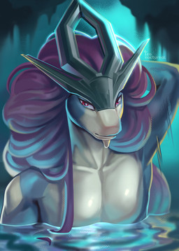 anthro blue_body hair long_hair night nude pink_eyes purple_hair solo standing swimming torso_shot water teonocturnal nintendo pokemon generation_2_pokemon legendary_pokemon pokemon_(species) suicune hi_res