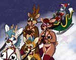 anthro antlers brown_body brown_fur christmas_clothing christmas_headwear clothing costume ear_piercing ear_ring female fur grey_body grey_fur group harness hat headgear headwear holidays horn legwear male male/female outside piercing ring_piercing running santa_costume santa_hat snow stockings underwear winter misspooks christmas deer mammal new_world_deer procyonid raccoon reindeer 5:4 absurd_res hi_res