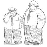 anthro bottomwear clothing duo kemono male necktie overweight overweight_male pants shirt simple_background tongue tongue_out topwear white_background emufu canid canine canis domestic_dog mammal 1:1 2014 monochrome