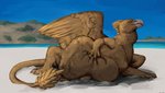 abdominal_bulge beach beak belly_tuft claws detailed_background feral fluffy fluffy_wings hand_on_belly looking_at_viewer lying male oral_vore outside paws seaside solo tuft vore wings erganyfox mythology rukuno avian gryphon mythological_avian mythological_creature