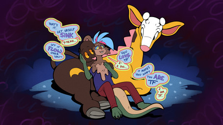 antlers blue_eyes brown_body brown_fur buckteeth claws cuddling dialogue duo finger_claws fur goo_transformation group horn identity_death living_tail markings mask_transformation mental_transformation mid_transformation orange_sclera pink_nose resting_on_another sharp_teeth speech_bubble spots spotted_body spotted_fur tail tail_head talking_to_another teeth toe_claws transformation twinning unusual_anatomy unusual_tail whisker_markings yellow_body yellow_fur trevor-fox nintendo pokemon kyp_(character) trevor-fox_(character) generation_2_pokemon girafarig lizard mammal mouse murid murine pokemon_(species) reptile rodent scalie 16:9 hi_res widescreen nonbinary_(lore)