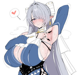accessory armpit_fetish armpit_folds armwear big_breasts blue_clothing blue_dress blue_sleeves blush blush_lines bodily_fluids bouncing_breasts bow_ribbon breasts cleavage clothed clothing corset_dress detached_sleeves dress ear_blush female glistening glistening_body glistening_skin grey_hair hair hair_accessory hair_bow hair_over_eye hair_ribbon heart_symbol huge_breasts humanoid_pointy_ears long_hair long_sleeves looking_at_viewer mole_under_mouth motion_lines musk not_furry pointy_ears presenting presenting_armpit purple_eyes ribbons simple_background skindentation smile smiling_at_viewer solo speech_bubble spread_armpit sweat sweaty_armpit white_background xipa_(artist) mihoyo zenless_zone_zero velina_(zenless_zone_zero) elf humanoid digital_drawing_(artwork) digital_media_(artwork) hi_res