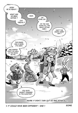 alternate_universe anthro buckteeth carrying_person city_skyline clothing complaining dialogue fangs female feral fur group male paws plant pointy_ears rabbit_ears scales scarf single_panel snow sweater teeth text topwear tree wall_(structure) some_(someone) disney zootopia gary_de'snake judy_hopps nibbles_maplestick nick_wilde pawbert_lynxley beaver canada_lynx canid canine european_rabbit felid feline fox lagomorph leporid lynx mammal oryctolagus pit_viper rabbit red_fox reptile rodent scalie snake true_fox viper black_and_white comic english_text hi_res monochrome