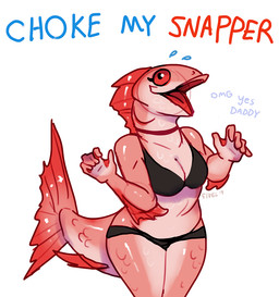 5_fingers anthro bikini black_bikini black_clothing black_swimwear bodily_fluids breasts cleavage clothed clothing curvy_figure excited eyelashes female fin fingers gills humor membrane_(anatomy) non-mammal_breasts open_mouth pun red_eyes scales simple_background slightly_chubby smile solo sweat swimwear text two-piece_swimsuit visual_pun voluptuous webbed_hands white_background wide_hips fivel until_it_snaps aquatic fish red_snapper snapper_(fish) 2019 digital_media_(artwork) english_text meme