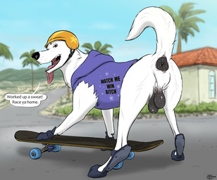 anus armor backsack balls black_anus black_balls bodily_fluids building clothed clothed_feral clothed_male clothing digitigrade digitigrade_footwear feral footwear fur furgonomic_footwear furgonomics genitals headgear helmet hoodie looking_at_viewer male male_feral offset_balls outside plant puffy_anus quadruped skateboard skateboarding sky solo speech_bubble sweat sweaty_anus sweaty_balls sweaty_genitalia talking_to_viewer text tongue tongue_out topwear torn_clothing torn_topwear tree vehicle white_body white_fur year consensualcanine blake_(consensualcanine) canid canine canis domestic_dog german_shepherd herding_dog mammal pastoral_dog 2026 absurd_res colored digital_media_(artwork) english_text hi_res signature