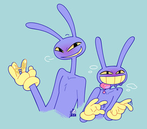 ambiguous_fluids anthro biped clothing gloves handwear long_ears male nude pecs purple_body solo tail yellow_eyes fsc glitch_productions the_amazing_digital_circus jax_(tadc) lagomorph leporid mammal rabbit hi_res