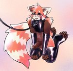 ambiguous_gender anthro balls blush blush_lines collar eyewear genitals glasses latex leash male male/ambiguous paws solo submissive submissive_male birdpaw_(artist) kouki_(athelwah) ailurid mammal red_panda hi_res