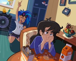 alternate_species bathrobe beverage black_hair blue_hair bottomwear cereal chair clothing duo eyewear female food fruit furniture glass glasses goggles grape hair human_only humanized juice_(beverage) multicolored_hair not_furry orange_juice plant robe shirt shorts speaker sunglasses tired topwear two_tone_hair ric-m friendship_is_magic hasbro my_little_pony octavia_(mlp) vinyl_scratch_(mlp) human mammal 2012 5:4 grandfathered_content hi_res