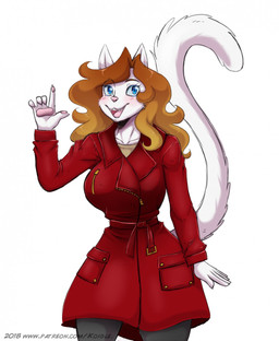 5_fingers anthro blue_eyes blush bottomwear breasts clothing coat eyebrows female fingers fur hair happy open_mouth orange_eyebrows orange_hair pants pawpads pink_nose pink_pawpads pink_tongue sharp_teeth shirt simple_background solo standing tail teeth text tongue topwear trenchcoat white_background white_body white_fur autumnmelody domestic_cat felid feline felis mammal 2018 hi_res shaded url