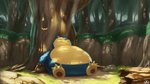 ambiguous_gender biped detailed_background eyes_closed forest grass plant rock sleeping solo tree supearibu nintendo pokemon generation_1_pokemon pokemon_(species) snorlax 16:9 2020 hi_res widescreen