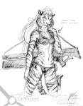 anthro biped bra clothed clothing female gun hair long_hair navel ranged_weapon skimpy solo standing tail text underwear weapon catwarrior_(artist) felid mammal pantherine tiger 2011 english_text monochrome sketch watermark