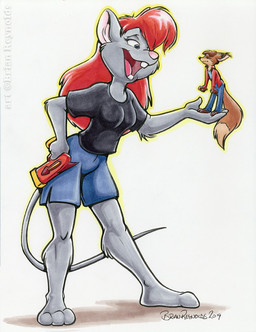 3_toes ambiguous_gender anthro barefoot breasts brown_body brown_fur brown_hair buckteeth clothed clothing copyright_symbol duo extreme_size_difference feet female fur furgonomics grey_body grey_fur gun hair larger_female male micro open_mouth plantigrade ranged_weapon red_hair shrinking simple_background size_difference size_transformation smaller_male symbol tail tail_through_skirt teeth toes transformation weapon white_background brian_reynolds amanda_(mattythemouse) canid canine fox house_mouse mammal mouse murid murine red_fox rodent true_fox 2019 hi_res