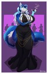 anthro big_breasts biped blue_body blue_fur border breasts clothed clothing dress female fur huge_breasts looking_at_viewer multicolored_body multicolored_fur pupils smile smoking solo_focus thick_thighs two_tone_body two_tone_fur white_border greasymojo hollow_hip_backless_chain_dress meme_clothing saphayla_(zelianda) canid canine mammal 2024 absurd_res digital_media_(artwork) hi_res meme