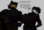 anthro big_breasts breasts cleavage clothed clothing duo female huge_breasts mature_female text rapidpanda_(artist) mama_maisie_(rapidpanda) mama_panda ailurid bovid bovine cattle mammal red_panda english_text