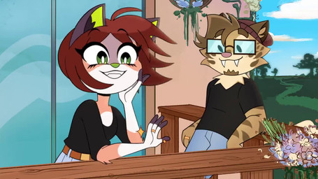 anthro balcony blinking clothing cute_fangs digit_ring duo eyewear fangs female fur glasses gold_ring hair jewelry male ring romantic romantic_couple tail tail_motion teeth topwear tuft wedding_ring frenchiefie rishi_(rishi-chan) saberspark_(character) canid canine canis coyote felid feline felis mammal prehistoric_species saber-toothed_tiger 16:9 2d_animation animated frame_by_frame loop no_sound short_playtime video widescreen
