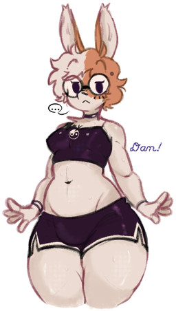 :< anthro arm_tuft big_ears big_glasses black_bottomwear black_bra black_choker black_clothing black_eyes black_jewelry black_necklace black_shorts black_sports_bra black_underwear bottomwear bra bracelet breasts bulge button_nose choker clothing dolphin_shorts ellipsis eyewear front_view fur glasses gynomorph hair hat headgear headwear intersex jewelry long_ears looking_at_viewer medium_breasts midriff monotone_body monotone_fur navel necklace orange_body orange_fur orange_hair round_glasses shorts shoulder_tuft simple_background simple_eyes solo sports_bra standing talking_to_viewer text thick_thighs tuft underwear white_body white_bottomwear white_clothing white_fur white_shorts yin_yang basicsdan lagomorph leporid mammal rabbit digital_media_(artwork) guide_lines hi_res portrait signature three-quarter_portrait