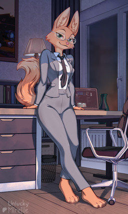4_toes accessory anthro barefoot basket biped black_necktie bottomwear breasts brown_eyebrows chair cheek_tuft clothed clothed_anthro clothed_female clothing collared_shirt computer container countershading desk dipstick_tail door door_handle dress_pants dress_shirt electronics eyebrows eyelashes eyewear facial_tuft feet female female_anthro fingers floor front_view fully_clothed fully_clothed_anthro fully_clothed_female fur fur_tuft furniture glasses green_eyes grey_bottomwear grey_clothing grey_jacket grey_pants grey_text grey_topwear humanoid_hands inner_ear_fluff inside iris jacket lamp laptop looking_at_viewer markings medium_breasts monotone_bottomwear monotone_clothing monotone_jacket monotone_necktie monotone_pants monotone_shirt monotone_topwear multicolored_body multicolored_fur necktie orange_body orange_ears orange_fur orange_tail orange_tuft pants pantsuit picture_on_wall plantigrade pose pupils raised_heel shadow shirt slim slim_anthro slim_female smile smiling_at_viewer solo standing suit suit_jacket suit_pants table tail tail_markings tan_body tan_countershading tan_fur tan_inner_ear tan_inner_ear_fluff tan_markings tan_tail_tip tan_toes tan_tuft text toeless_(marking) toes topwear trash_can tuft two_tone_body two_tone_fur undershirt wall_(structure) wallpaper_(decoration) wearing_glasses white_clothing white_eyewear white_glasses white_sclera white_shirt white_topwear wood wood_floor unluckymireille dreamworks the_bad_guys diane_foxington canid canine fox mammal 2026 3:5 absurd_res artist_name english_text full-length_portrait hi_res picture_in_picture portrait shaded