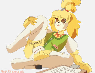 anthro bottomless clothed clothing condom drawing_board female footwear genitals pen presenting presenting_vulva sexual_barrier_device simple_background socks solo text text_on_body vaginal vulva maystarsfur animal_crossing nintendo isabelle_(animal_crossing) canid canine canis domestic_dog mammal absurd_res hi_res