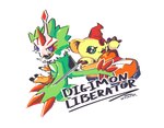 anthro button_(fastener) button_eyes claws clothing duo feathers female feral footwear green_body green_feathers male mask shoes notaventura bandai_namco digimon digimon_liberator digimon_(species) pteromon shoemon