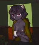 anthro black_body black_fur blush breasts container cup female fur holding_container holding_cup holding_object inner_ear_fluff purple_eyes skinny smile solo tuft whiskers cdt2s snowflake_(cdt2s) domestic_cat felid feline felis mammal hi_res