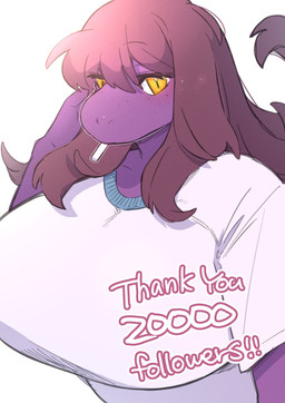 anthro big_breasts breasts brown_hair chalk clothing eyelashes female freckled_face freckles hair hand_in_hair huge_breasts looking_at_viewer purple_body shirt solo topwear touching_hair white_clothing white_shirt white_topwear yellow_eyes underchikichan deltarune undertale_(series) susie_(deltarune) scalie hi_res milestone_celebration