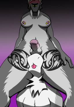 anthro blep blush blush_lines breasts duo facesitting facial_piercing female genitals gynomorph intersex leg_tattoo male neck_tuft nipple_piercing nipples nose_piercing nose_ring penis piercing ring_piercing sitting_on_another sitting_on_head tattoo thick_thighs tongue tongue_out tuft wide_hips trichternet wit rhea_(trichternet) wit_(trichternet) absurd_res hi_res