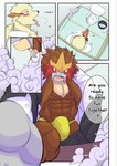 abs absurd_res age_difference ahegao anthro anthrofied arcanine big_bulge blush boss_and_employee bottomwear bulge canid canine ceo_entei_(shinobiya) clothing comic dialogue duo english_text entei erection_under_speedo generation_1_pokemon generation_2_pokemon genitals hair hi_res humanoid_genitalia humanoid_penis imminent_sex legendary_pokemon looking_pleasured male mammal masturbation muscular muscular_male nintendo nipples pants penis pokemon pokemon_(species) pokemorph shinobiya shirt smile smirk smoke suit text tied_hair toilet tongue tongue_out topwear trash_can vest windy_(shinobiya)