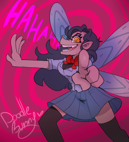 black_clothing blue_bottomwear blue_clothing blue_hair blue_skirt bottomwear bow_(feature) bow_accessory bow_ribbon clothing collared_shirt dress_shirt female first_person_view gesture hair hand_gesture heart_symbol humanoid_pointy_ears insect_wings laugh leggings legwear long_hair pattern_background pointing pointing_at_viewer pointy_ears pose red_background rolled_up_sleeves school_uniform sharp_teeth shirt simple_background size_difference skirt smaller_female solo spread_wings standing swirl teeth text tongue topwear uniform vocalization wings yellow_eyes doodlebunnyart fairy humanoid hi_res signature