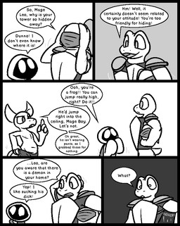 2_horns anthro armor barely_visible_genitalia barely_visible_penis bottomless bottomwear breastplate cape clothed clothing cute_fangs dialogue dressing eyebrows fangs genitals gesture group hand_gesture hand_on_head headgear helmet horn long_sleeves male motion_lines mouthless nipples no_pupils open_mouth pants penis pointing raised_eyebrow raised_hand shirt short_tail shoulder_pads speech_bubble tail teeth text topless topwear trio undressing ultilix caspar_(ultilix) leo_the_magician to-be-named-later amphibian demon frog shadow_creature 2025 comic english_text greyscale monochrome multiple_scenes